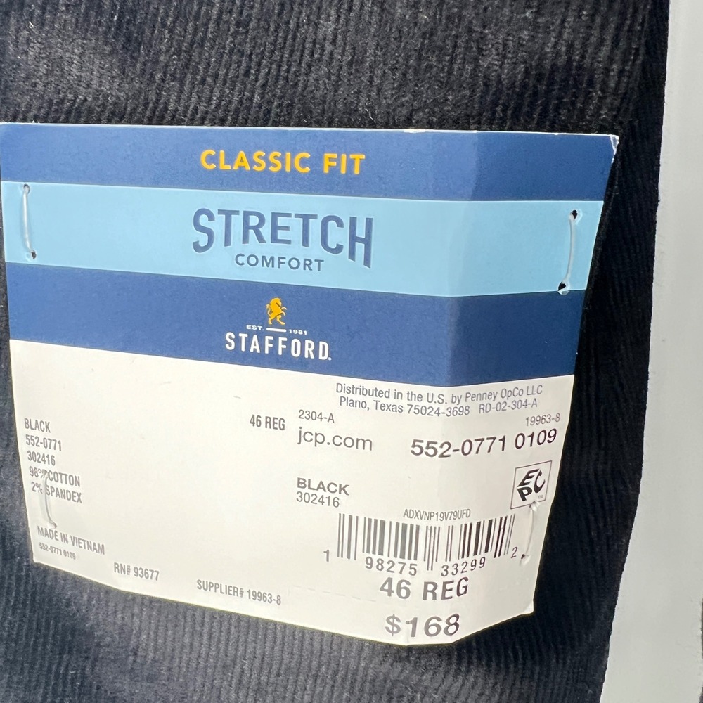 Stafford Corduroy Sport Coat Mens 46R Black New Stretch Classic Fit Elbow Patch - Picture 5 of 10